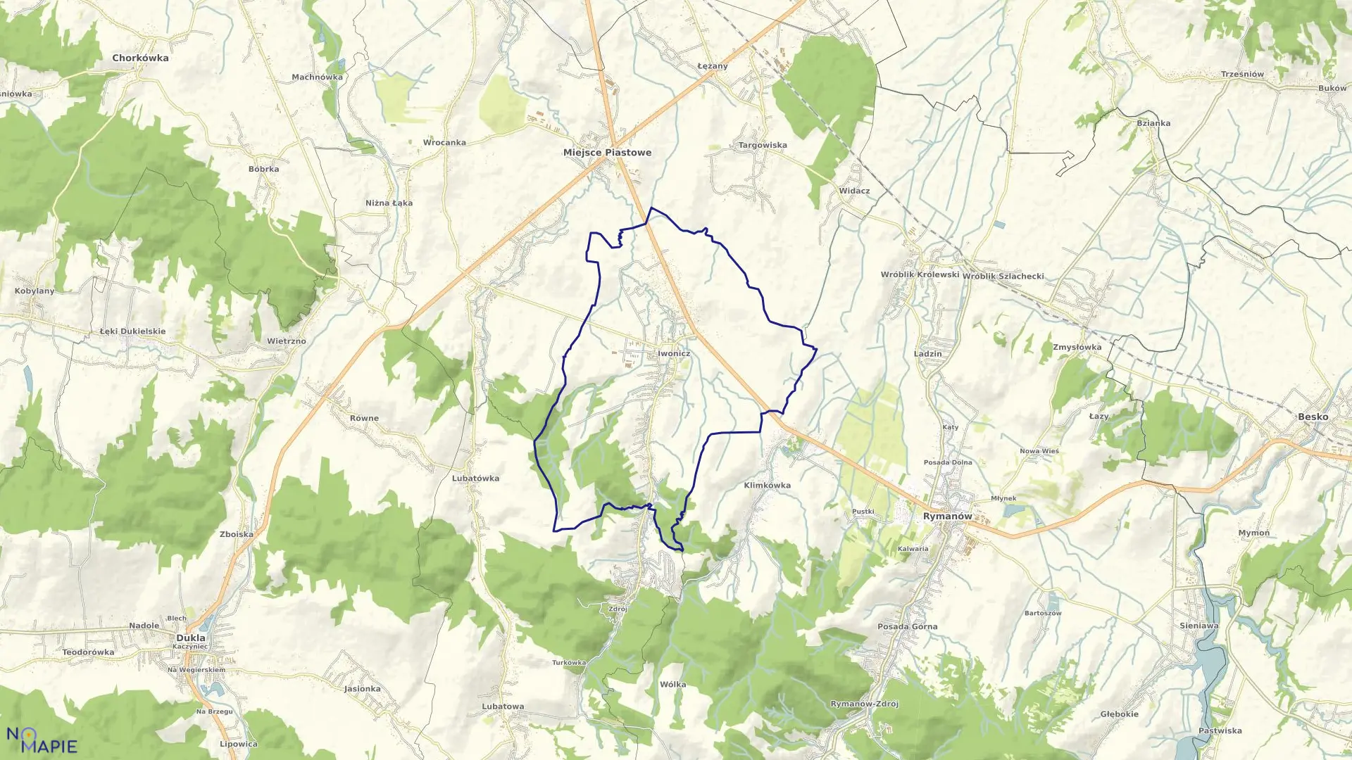 Mapa obrębu Iwonicz w gminie Iwonicz-Zdrój